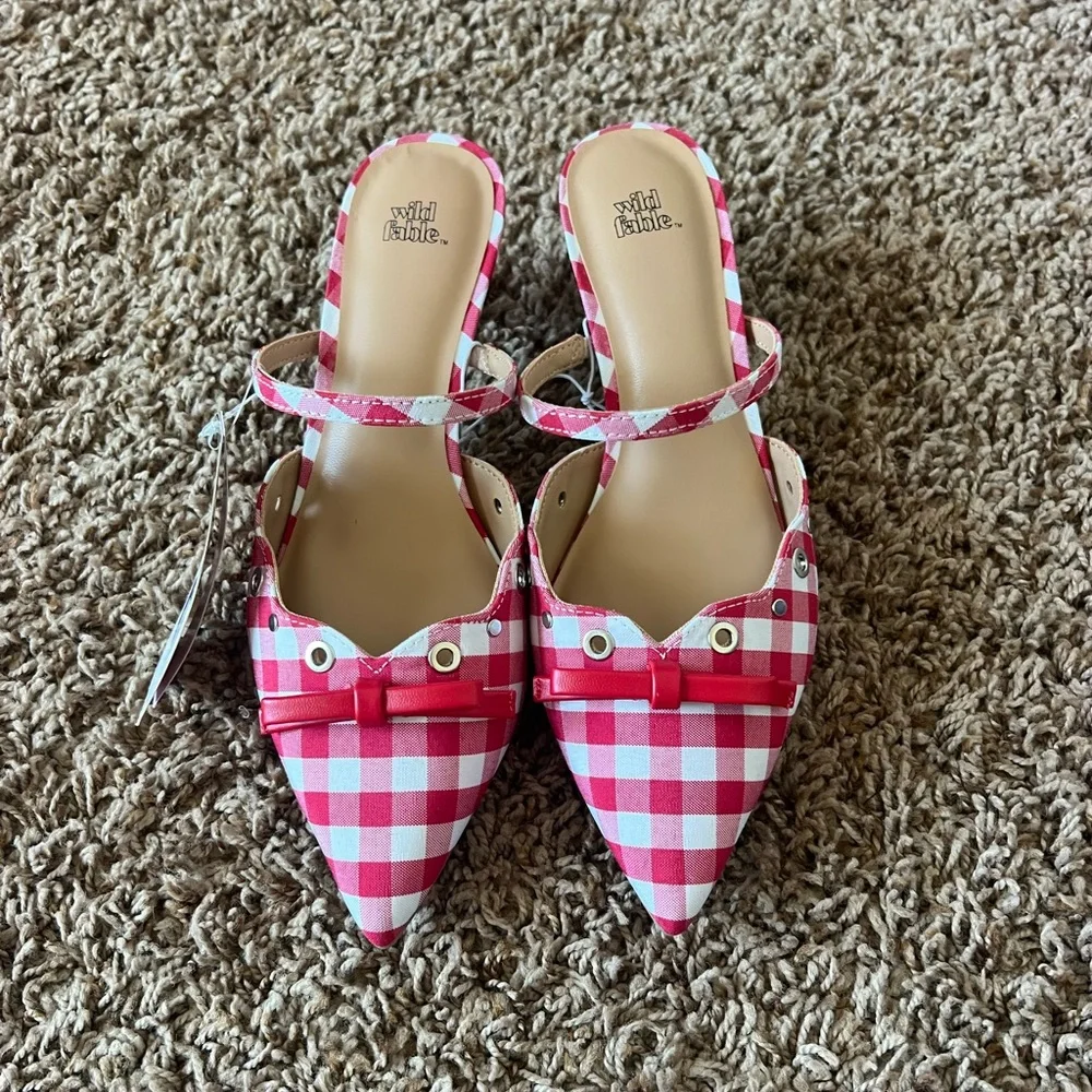 Red and White Gingham Bow Slingback Kitten Heel - Picture 7 of 8